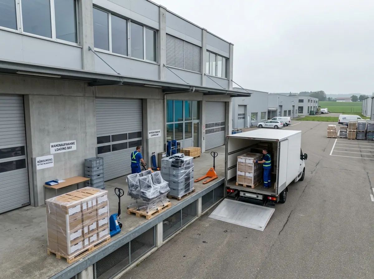 Bürogebäude mit Paletten, verpackten Bürostühlen und Archivkisten