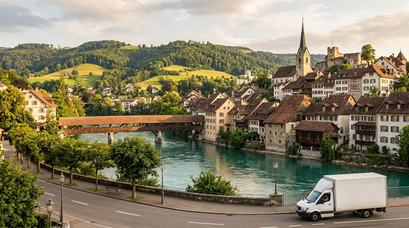 Aargauer Kleinstadt an der Aare mit gedeckter Holzbrücke und Jurahügeln