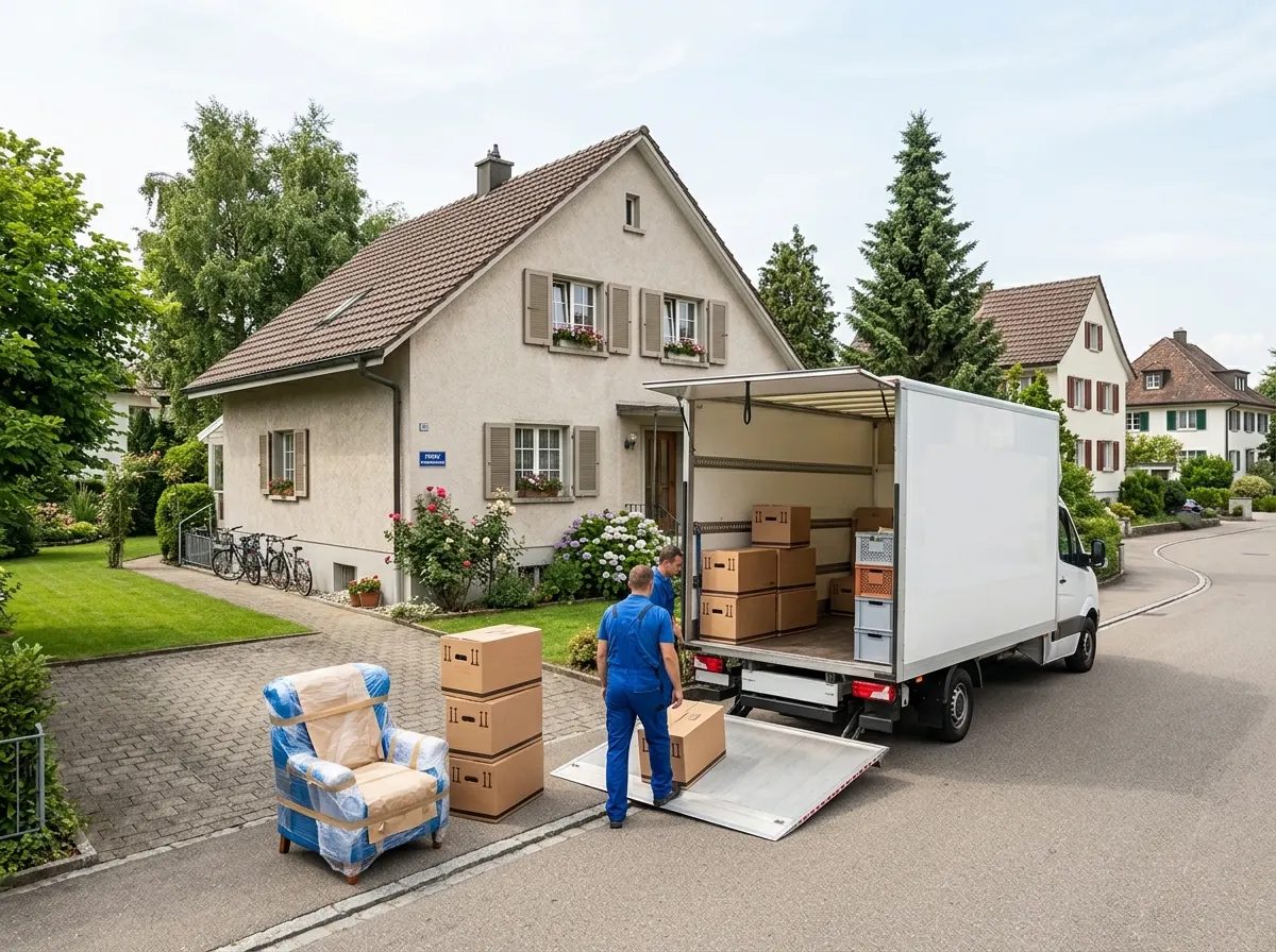 Einfamilienhaus mit Umzugswagen und Kartons in der Einfahrt