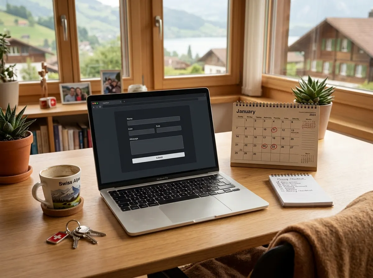 Schreibtisch mit Laptop, Kalender und Umzugscheckliste